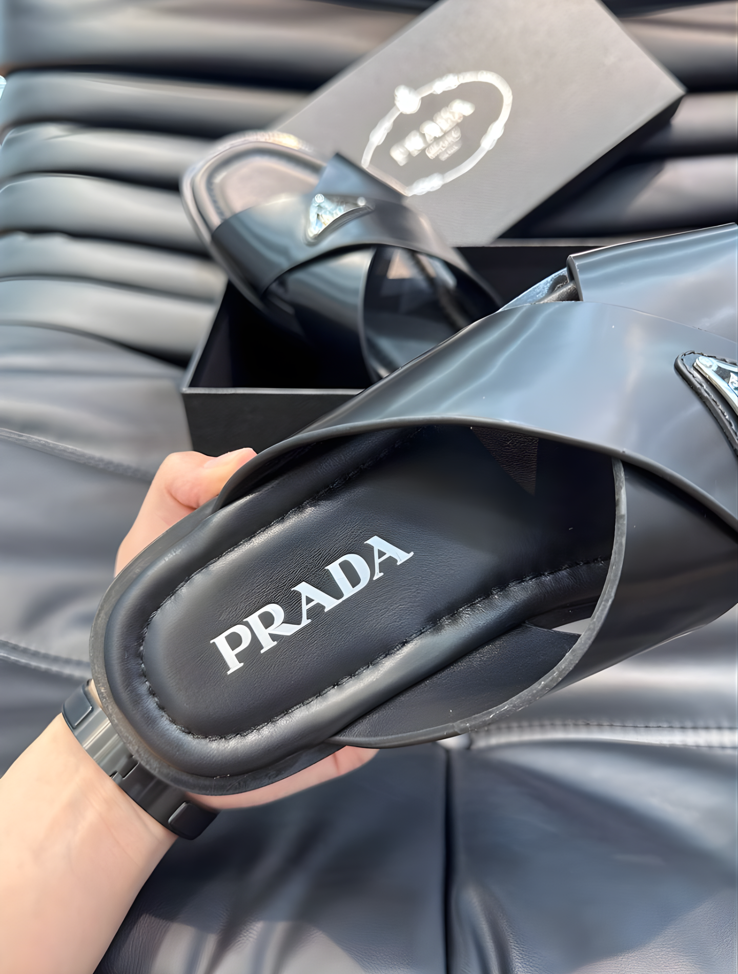 PRADA LEATHER SLIDES